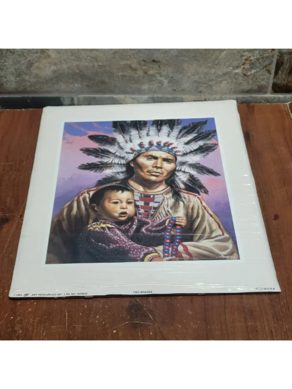 Vintage Unframed Two Braves Art Print 1983 Signed Ampe Lithograph Native America